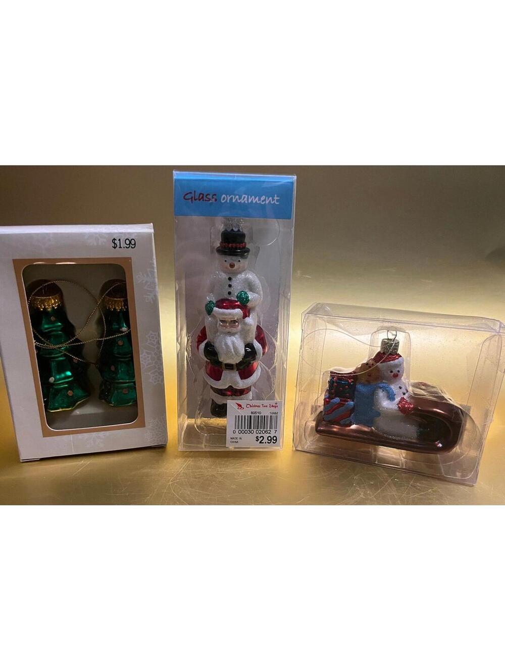 Set of 3 Glass Christmas Ornaments - Trees, Santa with Snowman, Snowman on Sled